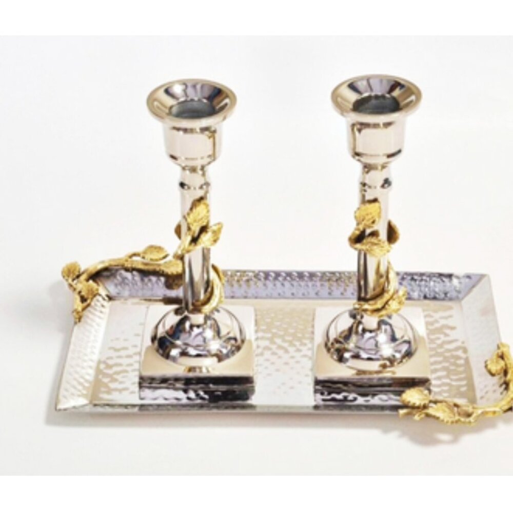 Classic Touch Leaf Candle Holders and Tray- S/3 - Multi